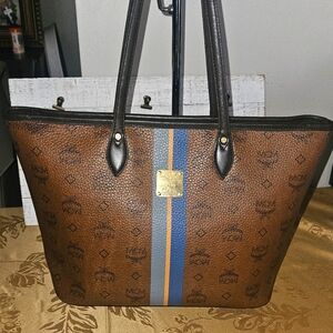 MCM Brown And Blue Strip Leather Tote Bag